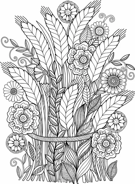 Libro para colorear para adultos. Orejas gavilla de flores — Vector de stock