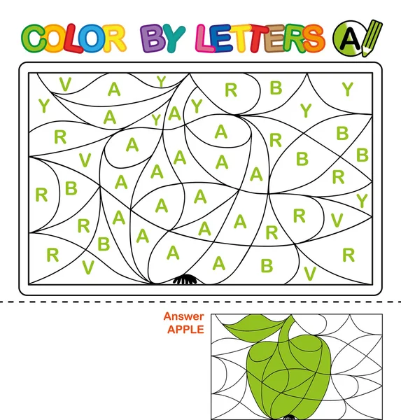 Color by letter.  Puzzle for children. Apple — Stock Photo, Image