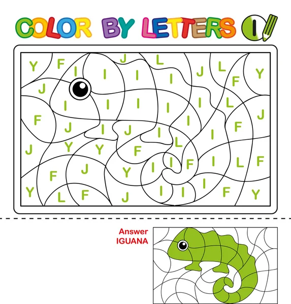 Color by letter.  Puzzle for children. Iguana — Stock Photo, Image