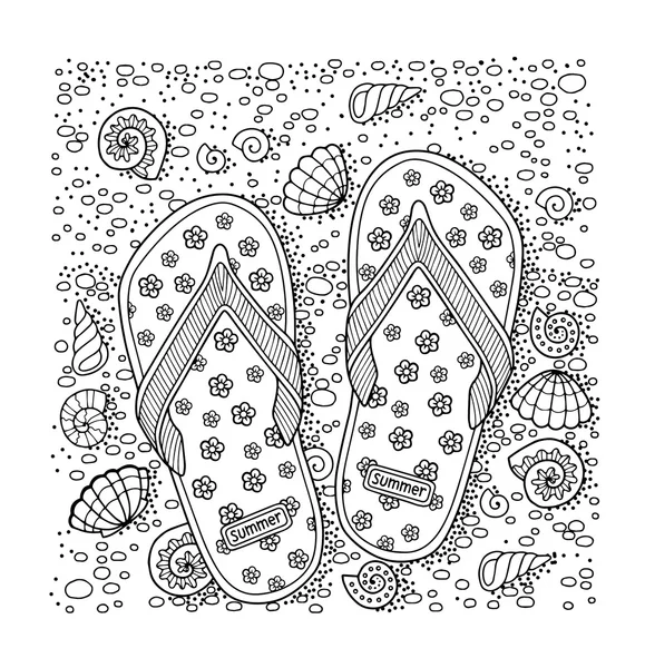 Sea beach. Slippers, sand and shell. Hand drawn flip flop sandal — Stock Vector