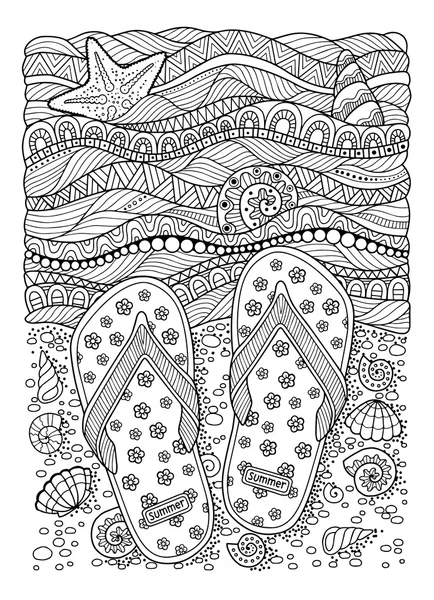 Me encanta el verano. Playa del mar. Zapatillas, arena y concha. Sandalia de chancla dibujada a mano — Vector de stock