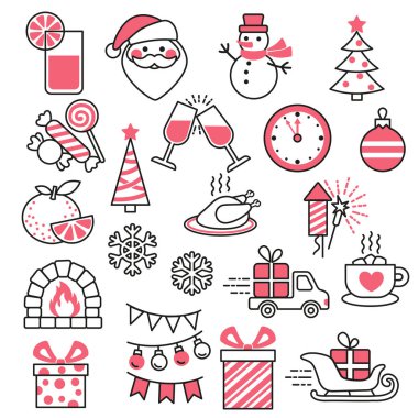 Yılbaşı ve yeni yıl tasarımı için vektör simgesi ayarlandı. Davetiye şablonu, kart. Beyaz arka planda izole elementler. Basit kontur biçimi