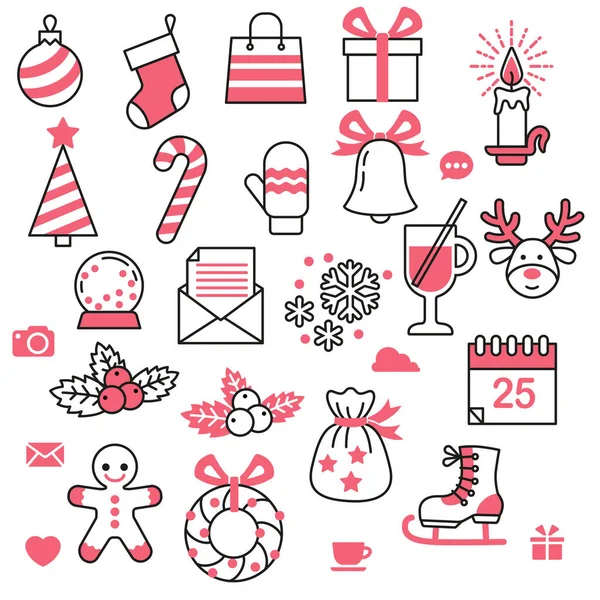 Vector icon set for christmas and new year design. Template for invitation, card. Isolated elements on white background. Simple contour style — Stock Vector