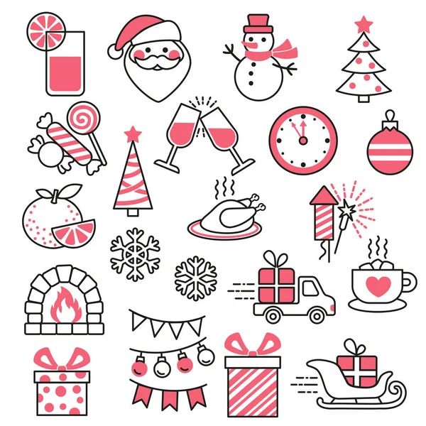 Vector icon set for christmas and new year design. Template for invitation, card. Isolated elements on white background. Simple contour style — Stock Vector