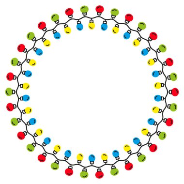 Ampullü Noel çelenkleri. Beyaz arkaplanda yuvarlak çerçeve