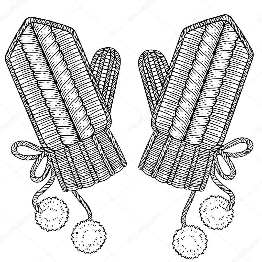 Warm knitted gloves with pom poms, vector coloring page for adults, black contour image isolated on a white background.