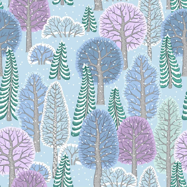 Modèle sans couture vectoriel. Forêt de fées d'hiver avec arbres stylisés, arbres de Noël et buissons — Image vectorielle