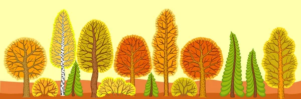 Herbstmärchenwald mit stilisierten Bäumen, Weihnachtsbäumen und Sträuchern. Formelemente für die Gestaltung — Stockvektor