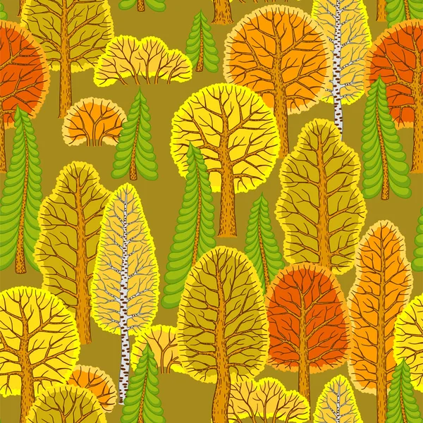Patrón sin costura vectorial. Bosque de hadas de otoño con árboles estilizados, árboles de Navidad y arbustos — Vector de stock