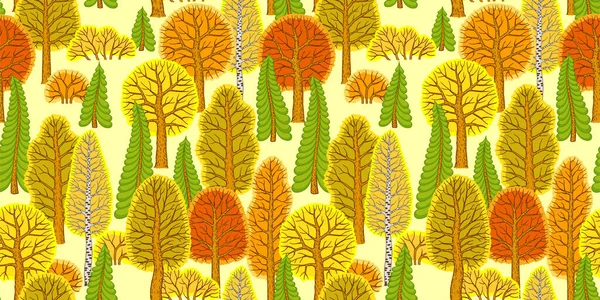 Vektor nahtlose Muster. Herbstmärchenwald mit stilisierten Bäumen, Weihnachtsbäumen und Sträuchern — Stockvektor