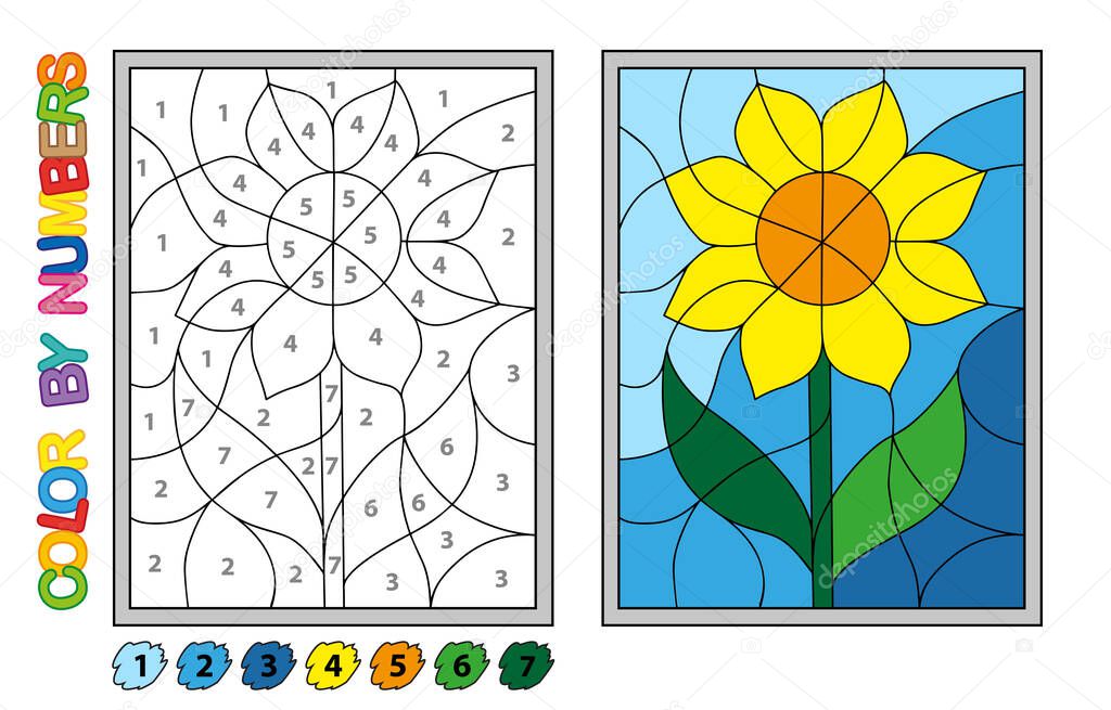 We paint by numbers. Puzzle game for children education. Numbers and colors for drawing and learning mathematics. Vector flowers