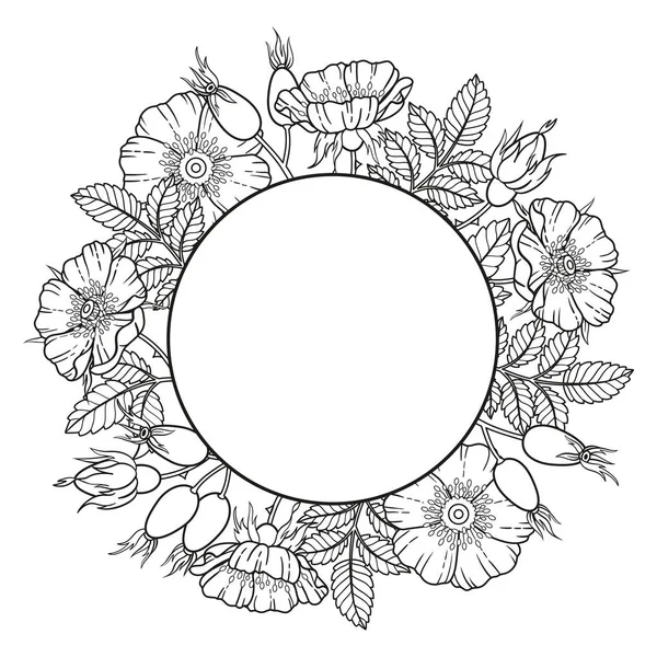 Corona de flores, ramas y hojas de rosa perro blanco y negro. Vector aislado sobre fondo blanco. Colorear, elementos para el diseño de envases de cosméticos, medicina, té, invitación y tarjetas — Vector de stock