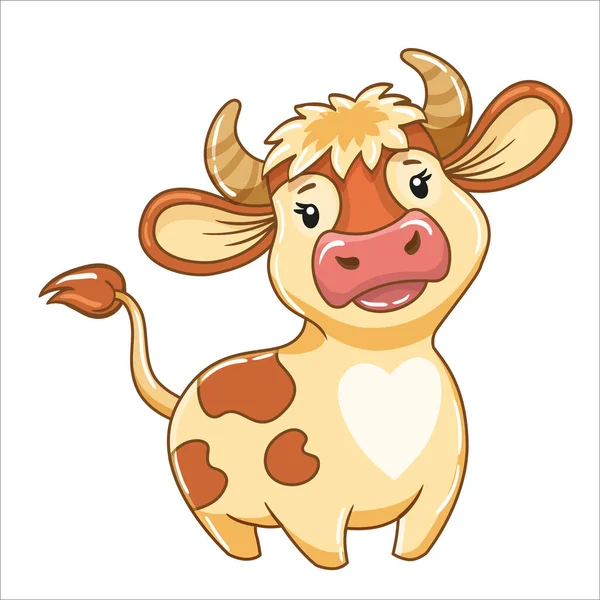 Vecteur taureau mignon dans le style de dessin animé, symbole de l'année 2021, vache drôle, horoscope Taureau — Image vectorielle