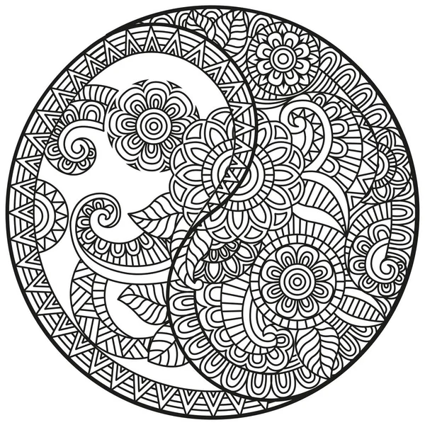 Vector Yin-Yang símbolo. Libro para colorear para adultos de estilo oriental con flores y ornamentos florales étnicos. Patrón circular de mandala para henna, mehndi, tatuaje, decoración. Adorno decorativo — Vector de stock