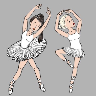 Zarif pozlarda vektör küçük balerin, balerin. Elbiseler ve kartlar için yazdır