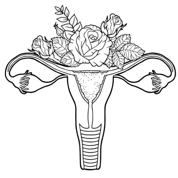 Belleza saludable Sistema reproductivo femenino hecho de flores de flor. Vector para colorear para adultos — Archivo Imágenes Vectoriales