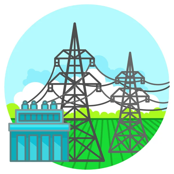 Transmisión Electricidad Concepto Líneas Eléctricas Subestación Transformadores Ilustración Estilo Plano — Archivo Imágenes Vectoriales