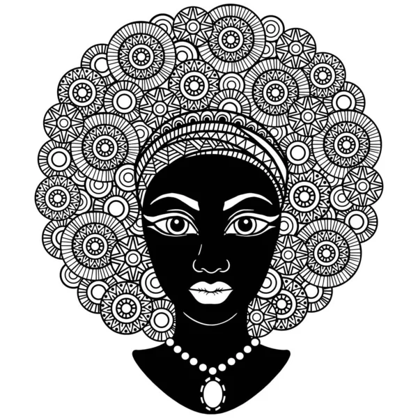 Cabeza Rizada Negra Mujer Afroamericana Estilo Mandala Vector Para Colorear — Vector de stock