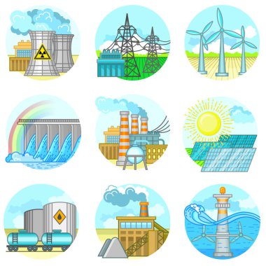 Enerji santrali ve fabrikası. Düz stil Nükleer Enerji Endüstriyel Konsepti. Enerji kavramı