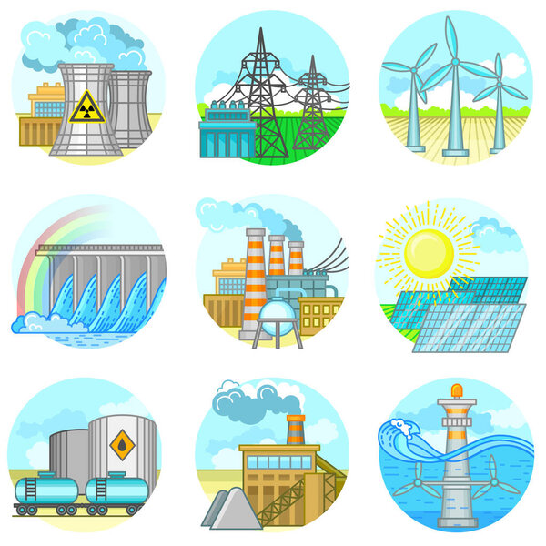 Энергетическая электростанция и завод. Комплект иллюстраций в плоском стиле Промышленная концепция атомной энергии. Концепция энергии