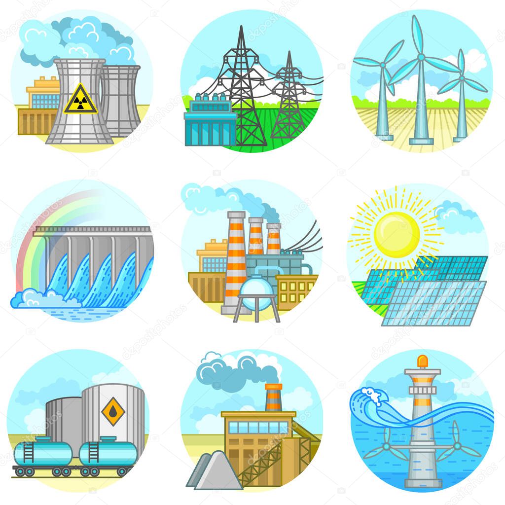 Energy power plant and factory. Set of illustration in flat style Nuclear energy industrial concept. Energy concept