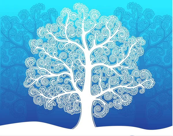 Lace árvore em fundos azuis, padrões gelados, fundo de inverno — Vetor de Stock