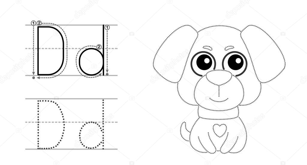 Trace the letter and picture and color it. Educational children tracing game. Coloring alphabet. Letter D and funny cartoon dog