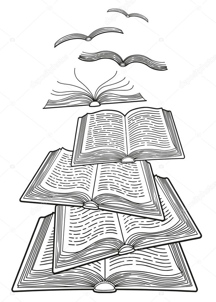 World Book Day. oncept of the books flying like birds. Open books. Coloring page for adults