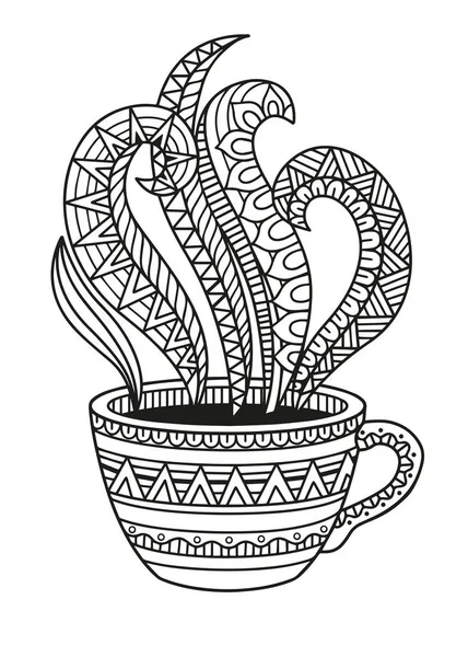 曼陀罗里的咖啡或茶 详细的成人黑白涂鸦着色页 — 图库矢量图片
