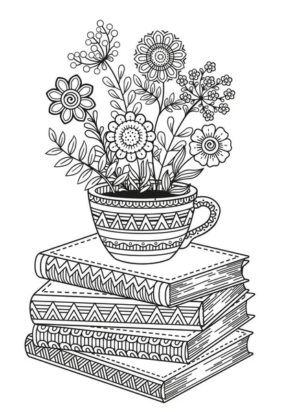Dünya Kitap Günü. Kitap, kahve ya da dinlenmek için çay. Yetişkinler için ayrıntılı karalama rengi