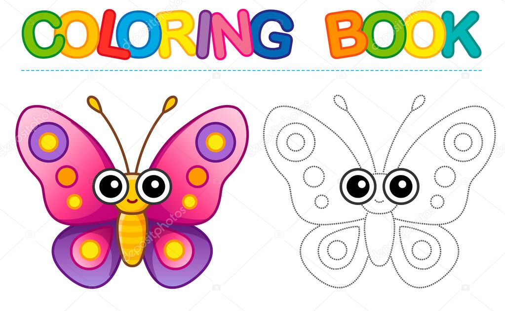 Coloring page funny smiling butterfly insect. Educational tracing coloring book for childrens activity. Trace dashed line