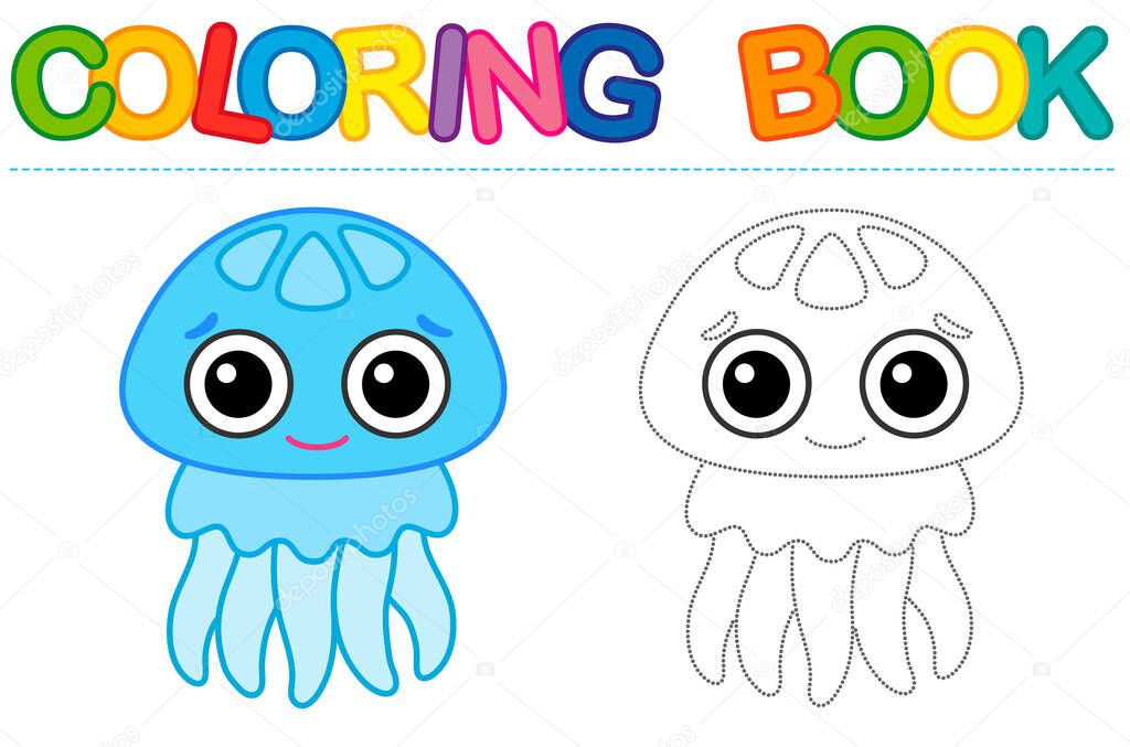Coloring page cartoon smiling blue jellyfish. Educational tracing coloring book for childrens activity. Trace dashed line