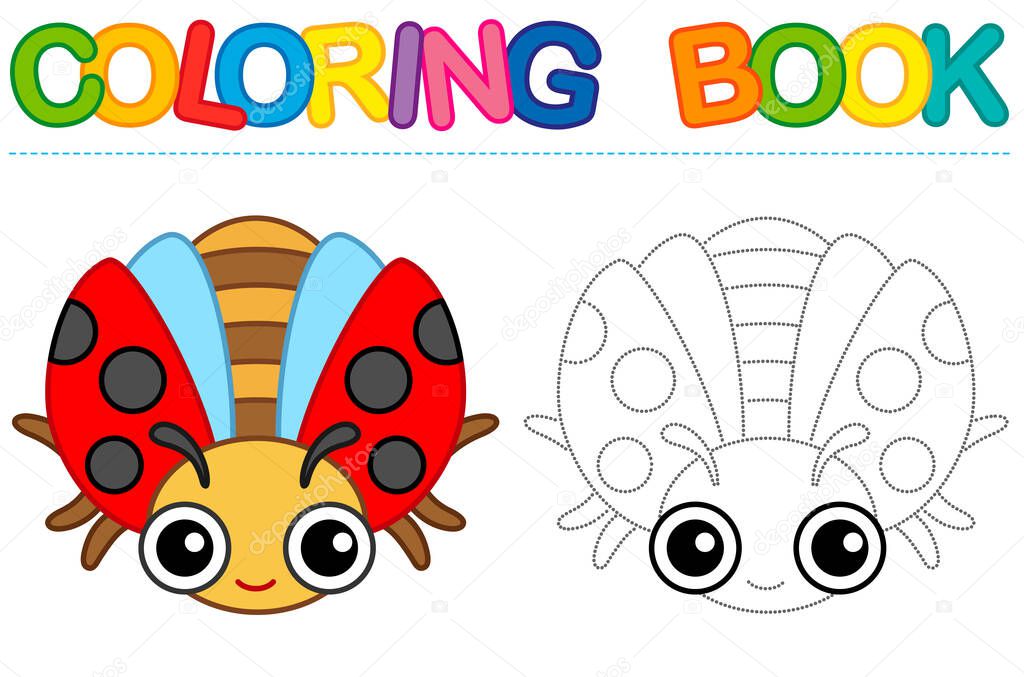 Coloring page funny smiling red ladybug insect. Educational tracing coloring book for childrens activity. Trace dashed line