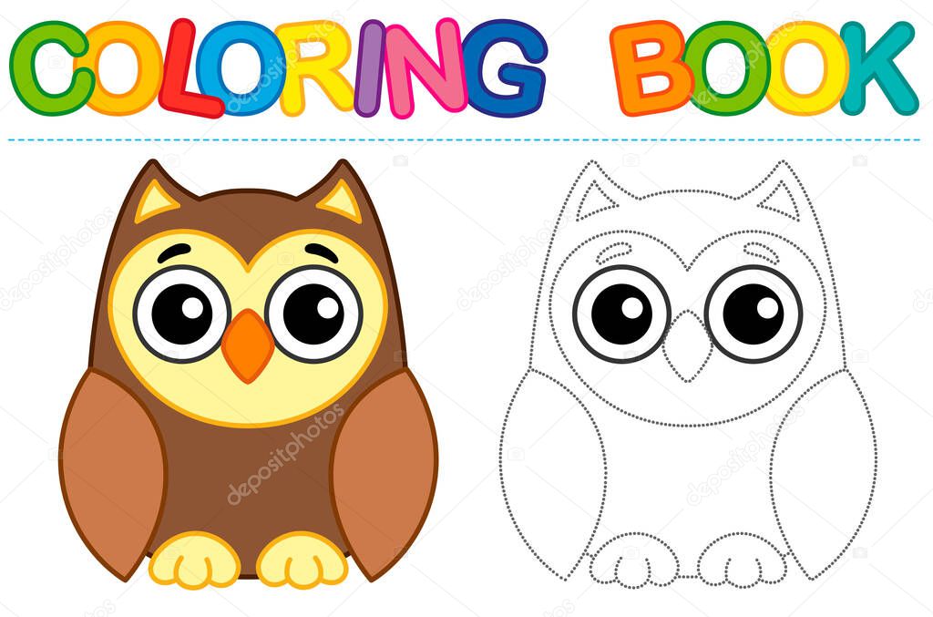 Coloring page funny owl. Educational tracing coloring book for childrens activity. Trace dashed line