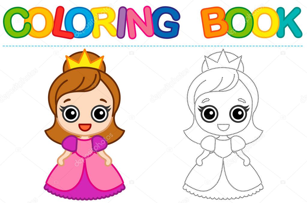 Coloring page funny smiling queen. Educational tracing coloring book for childrens activity. Trace dashed line