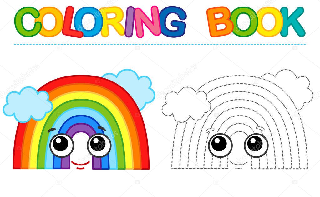 Coloring page funny smiling rainbow. Educational tracing coloring book for childrens activity. Trace dashed line