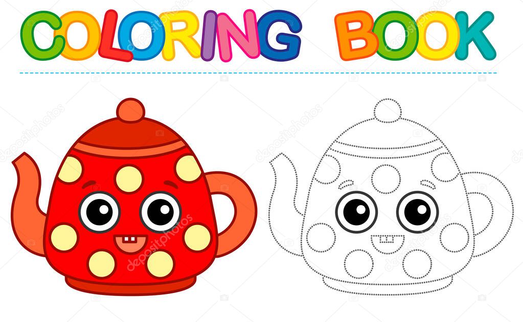 Coloring page funny smiling red teapot. Educational tracing coloring book for childrens activity. Trace dashed line