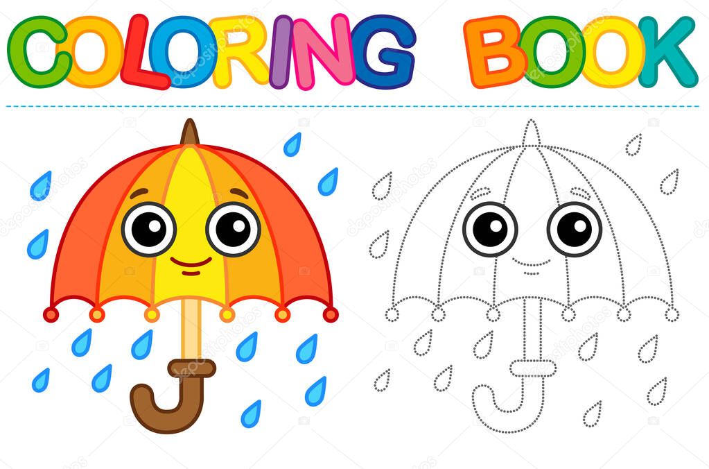 Coloring page funny smiling umbrella and rain. Educational tracing coloring book for childrens activity. Trace dashed line
