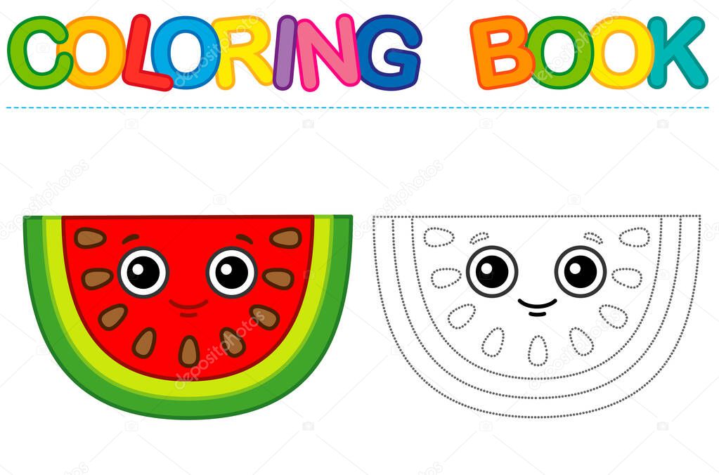 Coloring page funny smiling red slice watermelon. Educational tracing coloring book for childrens activity. Trace dashed line