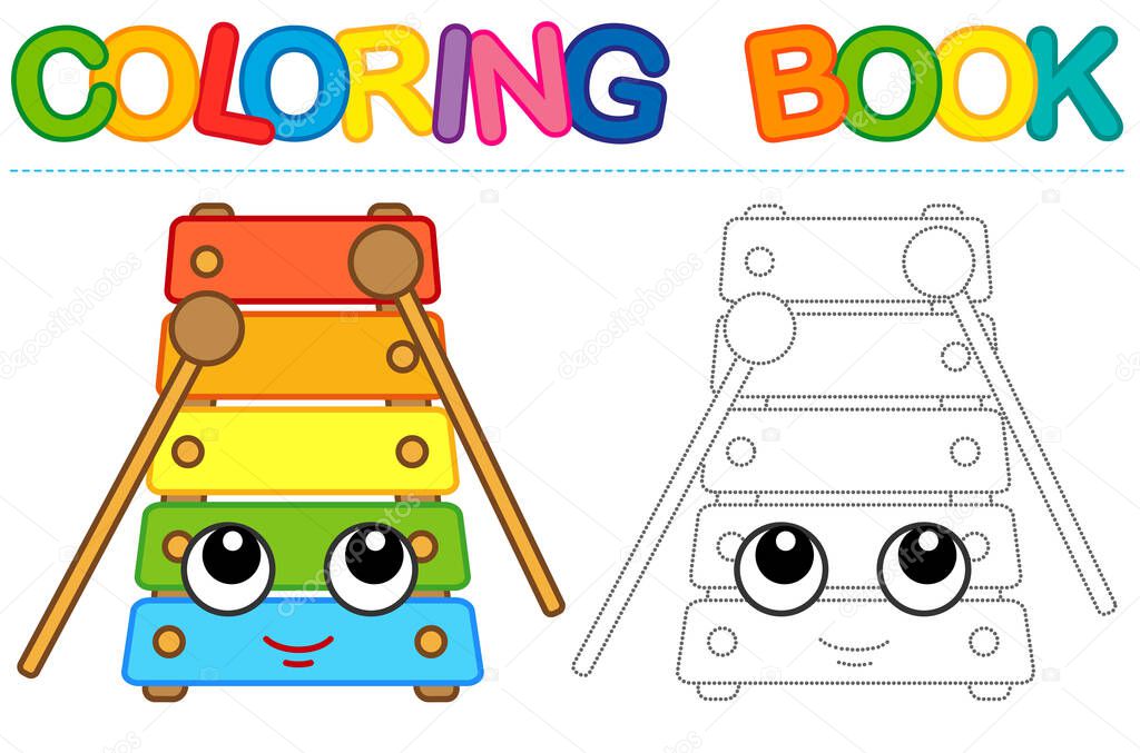 Coloring page funny smiling xylophone. Educational tracing coloring book for childrens activity. Trace dashed line