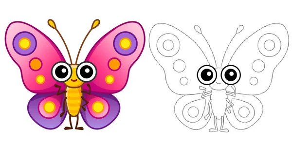 Página Para Colorear Divertido Insecto Mariposa Sonriente Libro Educativo Trazado — Vector de stock