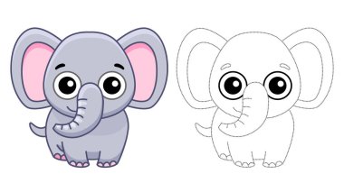 Çocuk boyama kitabı için boyama hayvanı. Çizgi film tarzında komik bir fil. Noktaları takip et ve resmi renklendir