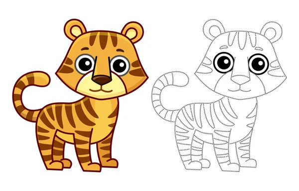 Zbarvení Zvířat Pro Děti Omalovánky Vtipný Tygr Kresleném Stylu Vysledovat — Stockový vektor