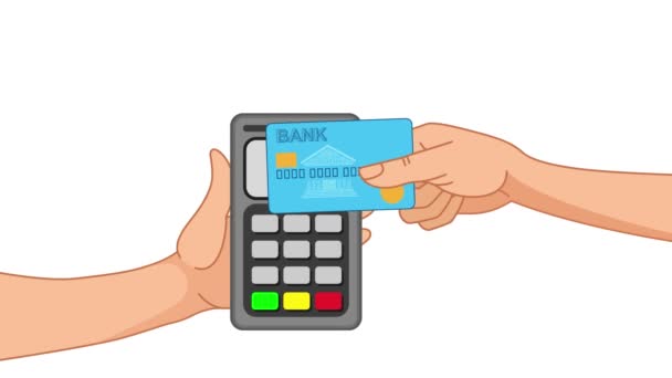 客户使用Pos终端和信用卡 这只手把信用卡推向银行卡阅读器 信用卡支付和交易审批程序 — 图库视频影像