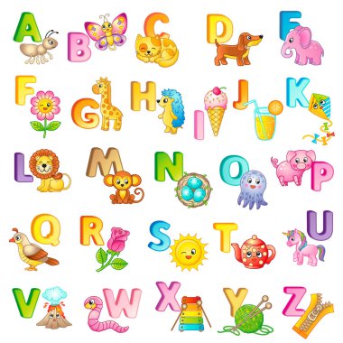 İçinde İngilizce büyük harflerle ABC Posteri ve şirin çizgi film hayvanları falan. Anaokulu ve anaokulu posteri. İngilizce öğrenmek için kartlar. C harfi. Kedi.