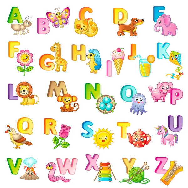 Cartel Abc Con Letras Mayúsculas Los Animales Dibujos Animados Inglés — Vector de stock