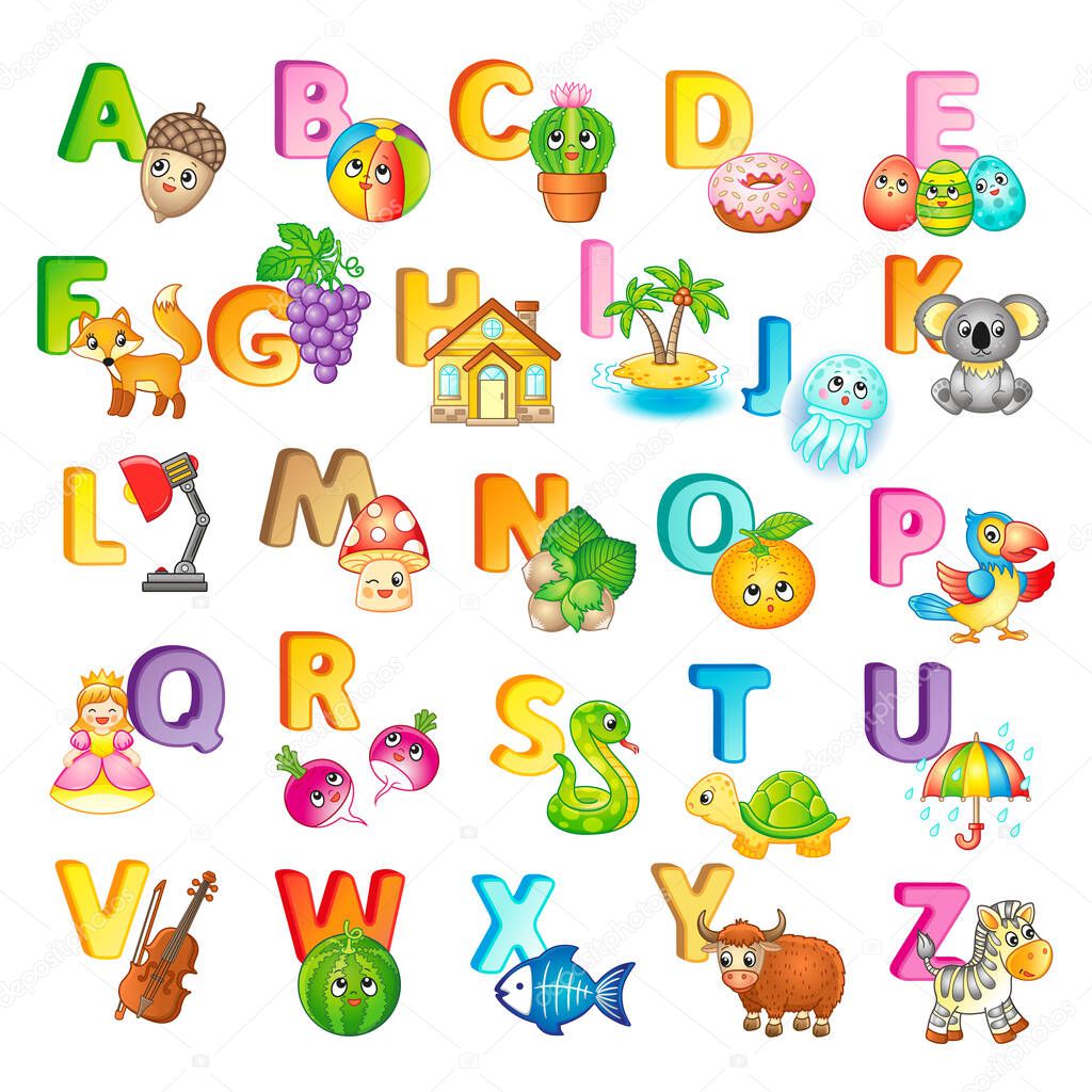 ABC Poster with capital letters of the English and cute cartoon animals and things. Poster for kindergarten and preschool. Cards for learning English. Letter C. Cat