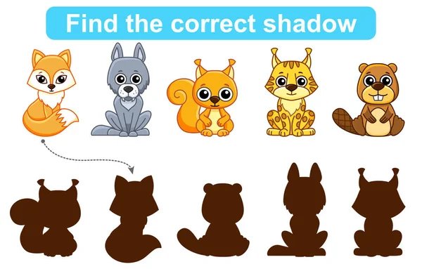 Encuentra Sombra Correcta Juego Educativo Para Niños Conjunto Animales Del — Vector de stock