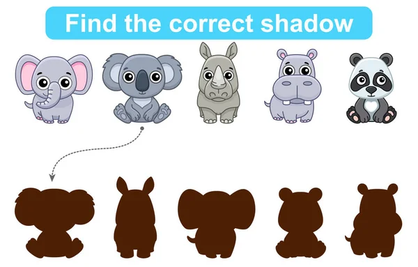 Encuentra Sombra Correcta Juego Educativo Para Niños Conjunto Animales Del — Vector de stock