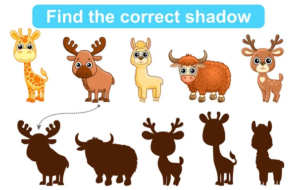 Encuentra Sombra Correcta Juego Educativo Para Niños Conjunto Animales Del — Vector de stock